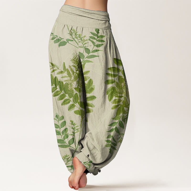 Buddha Stones Pure Cotton Green Leaves Branches Women's Elastic Waist Harem Pants - image 1