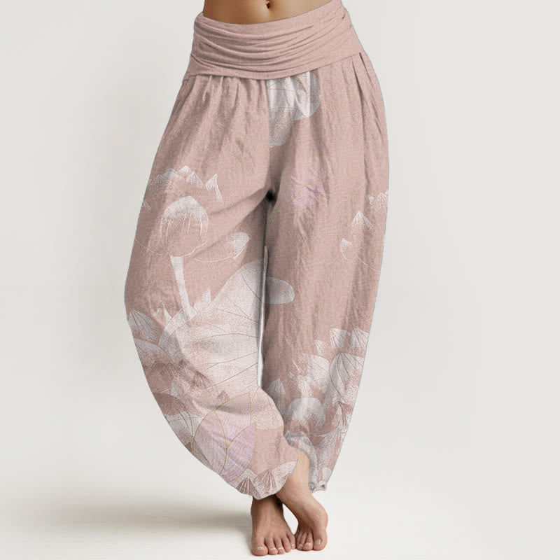 Buddha Stones Pure Cotton Pink And White Lotus Women's Elastic Waist Harem Pants - DarkSalmon - US22，UK/AU26，EU54 (6XL) - image 0