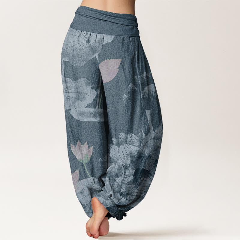 Buddha Stones Pure Cotton Pink And White Lotus Women's Elastic Waist Harem Pants - image 6