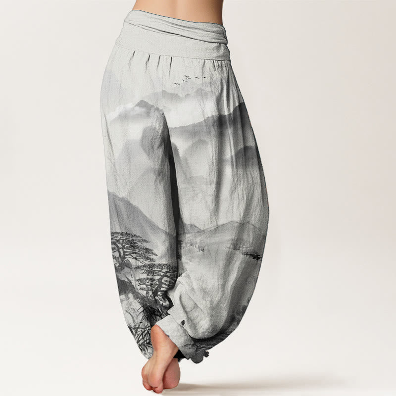 Buddha Stones Pure Cotton Mountains Trees Landscape Ink Painting Women's Elastic Waist Harem Pants - image 2