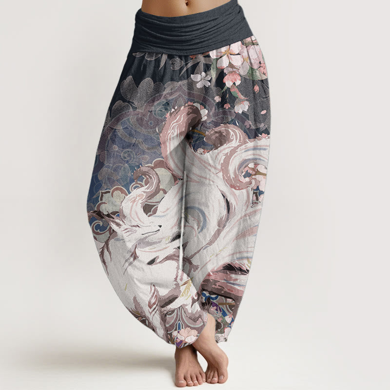 Buddha Stones Pure Cotton Fox Cherry Blossoms Women's Elastic Waist Harem Pants - MidnightBlue - US22，UK/AU26，EU54 (6XL) - image 0