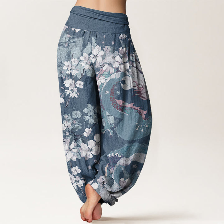 Buddha Stones Pure Cotton Casual Dragon Cherry Blossoms Women's Elastic Waist Harem Pants - image 6