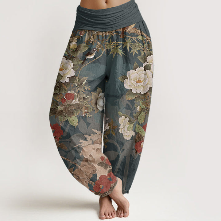 Buddha Stones Pure Cotton Casual Peony Flowers Leaves Magpie Women's Elastic Waist Harem Pants - Teal - US22，UK/AU26，EU54 (6XL) - image 0
