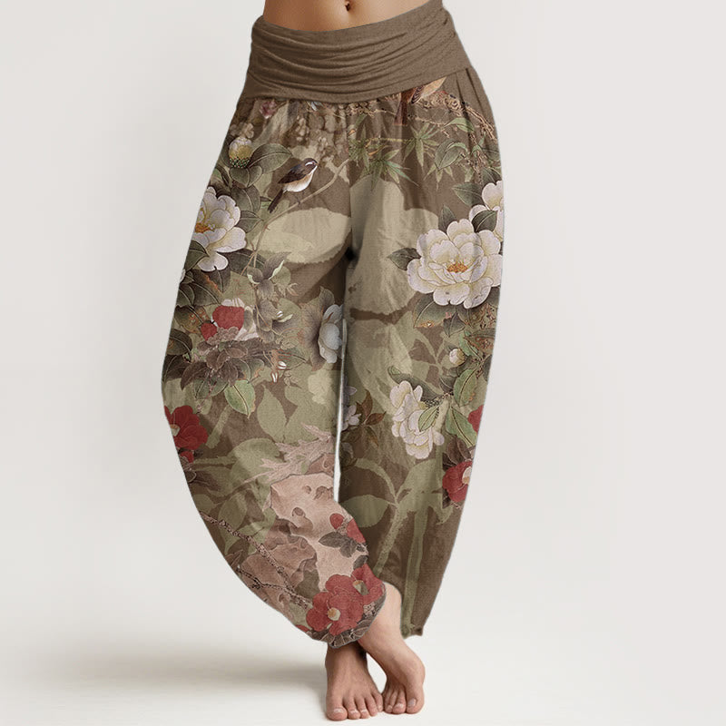 Buddha Stones Pure Cotton Casual Peony Flowers Leaves Magpie Women's Elastic Waist Harem Pants - DarkGoldenrod - US22，UK/AU26，EU54 (6XL) - image 5