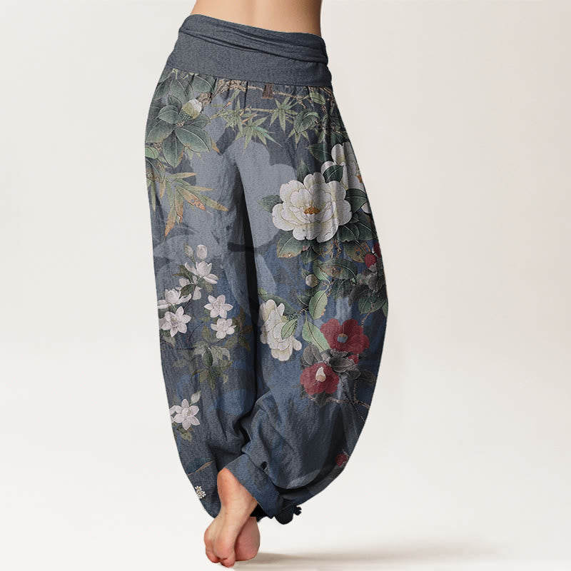 Buddha Stones Pure Cotton Casual Peony Flowers Leaves Magpie Women's Elastic Waist Harem Pants - image 10