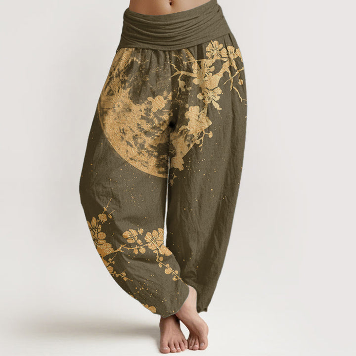 Buddha Stones Pure Cotton Golden Plum Blossom Full Moon Pattern Women's Elastic Waist Harem Pants - Olive - US22，UK/AU26，EU54 (6XL) - image 5