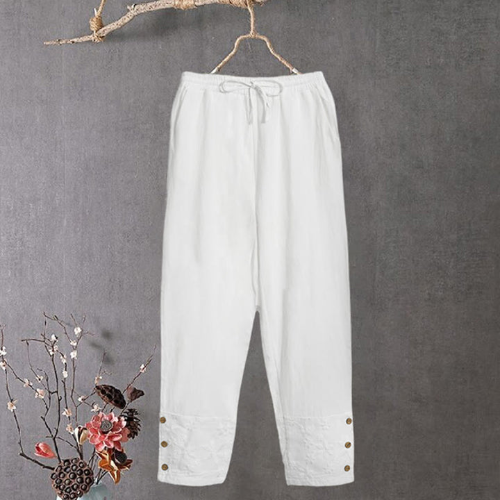 Buddha Stones White Lace Patchwork Design Women's Cotton Linen Pants With Pockets - White - US14，UK/AU18，EU46 (2XL) - image 0