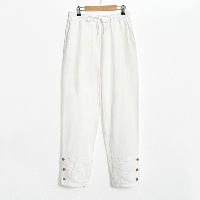 Buddha Stones White Lace Patchwork Design Women's Cotton Linen Pants With Pockets - image 5
