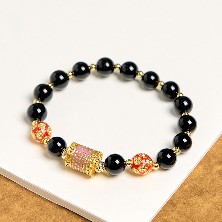 Buddha Stones Natural Black Onyx Five Scripture Copper Coins Fortune Bracelet