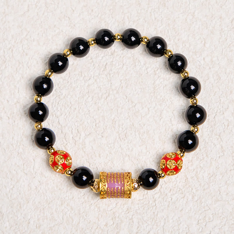 Buddha Stones Natural Black Onyx Five Scripture Copper Coins Fortune Bracelet