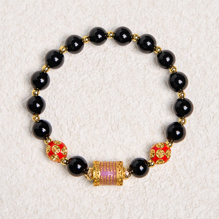 Buddha Stones Natural Black Onyx Five Scripture Copper Coins Fortune Bracelet