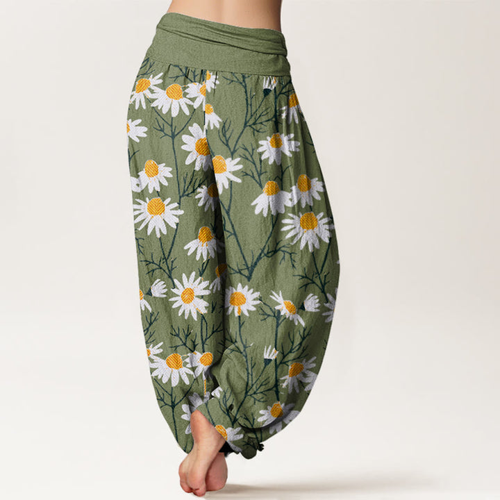 Buddha Stones Cotton White Petals Daisy Pattern Women's Elastic Waist Harem Pants - image 1