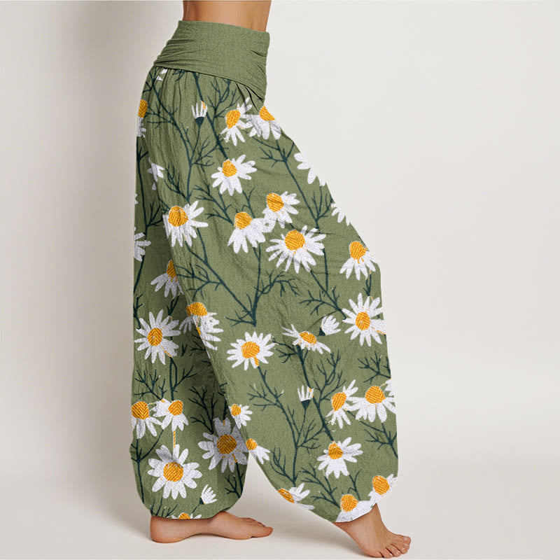 Buddha Stones Cotton White Petals Daisy Pattern Women's Elastic Waist Harem Pants - image 2