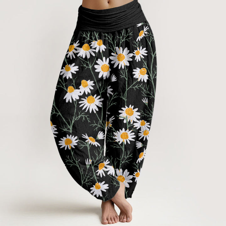 Buddha Stones Cotton White Petals Daisy Pattern Women's Elastic Waist Harem Pants - Black - US22，UK/AU26，EU54 (6XL) - image 4
