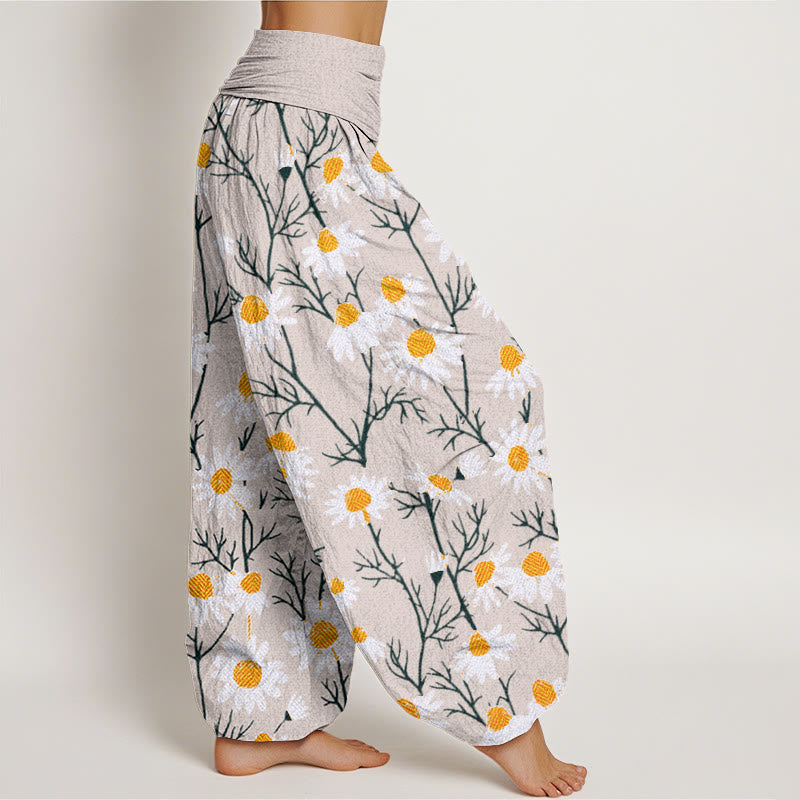 Buddha Stones Cotton White Petals Daisy Pattern Women's Elastic Waist Harem Pants - image 9