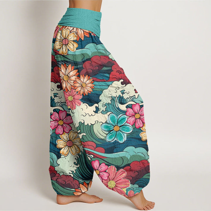 Buddha Stones Cotton Colorful Ocean Wave Various Flower Pattern Women's Elastic Waist Harem Pants - image 2