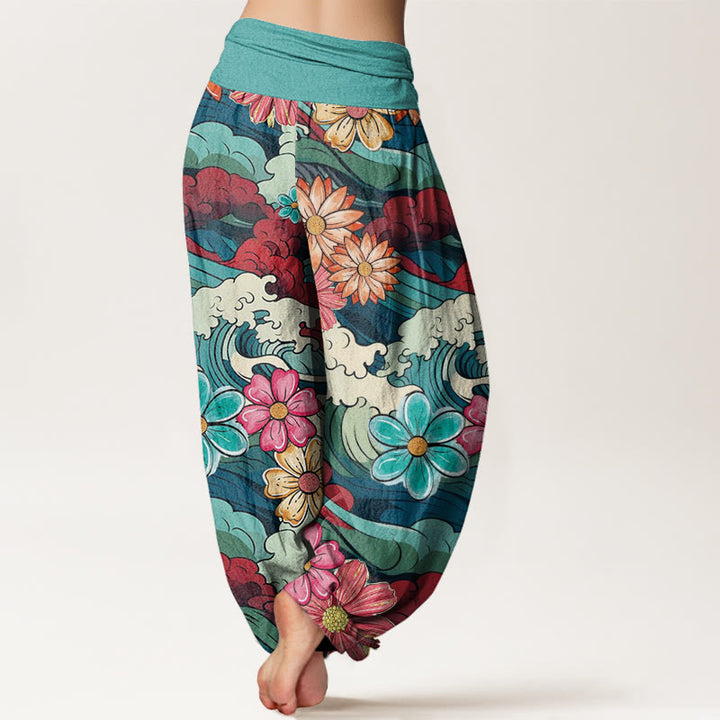 Buddha Stones Cotton Colorful Ocean Wave Various Flower Pattern Women's Elastic Waist Harem Pants - image 1