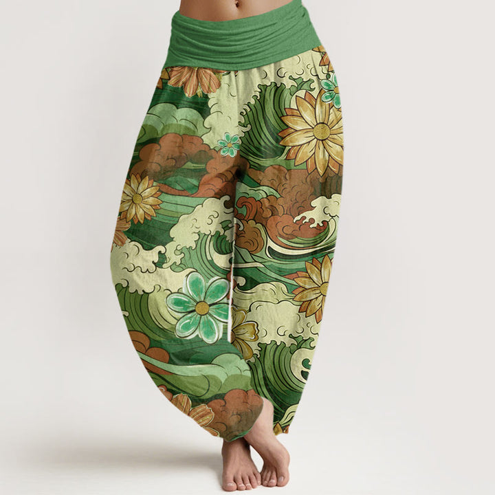 Buddha Stones Colorful Ocean Wave Various Flower Pattern Women's Elastic Waist Harem Pants - Green - US22，UK/AU26，EU54 (6XL) - image 4
