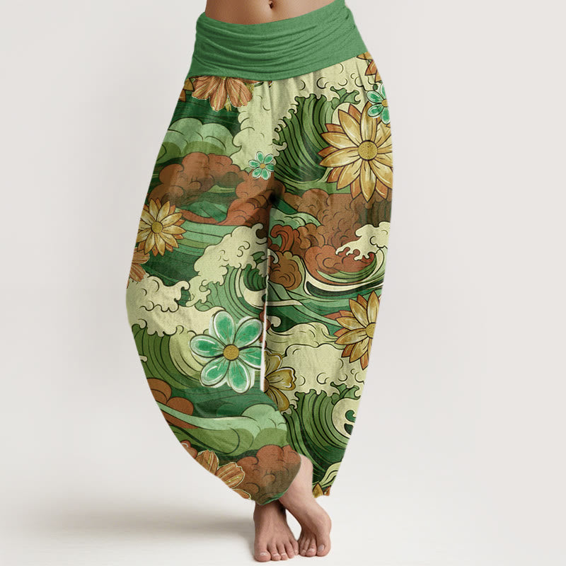 Buddha Stones Cotton Colorful Ocean Wave Various Flower Pattern Women's Elastic Waist Harem Pants - Green - US22，UK/AU26，EU54 (6XL) - image 4