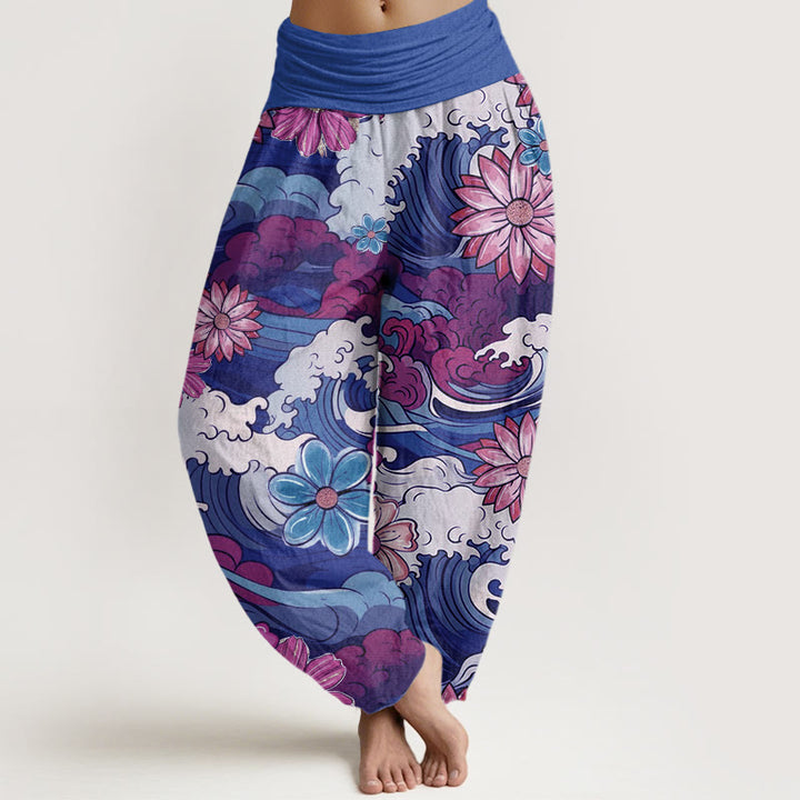 Buddha Stones Cotton Colorful Ocean Wave Various Flower Pattern Women's Elastic Waist Harem Pants - SlateBlue - US22，UK/AU26，EU54 (6XL) - image 7
