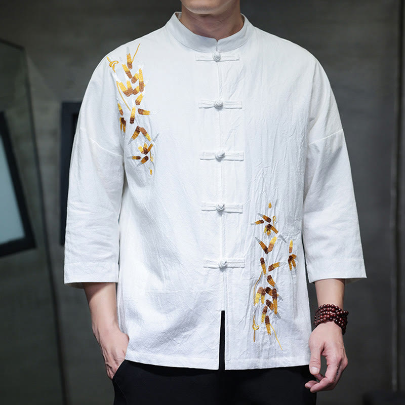 Buddha Stones Embroidery Men's  Chinese Frog-Button Three Quarter Sleeve Shirt Clothing - image 10