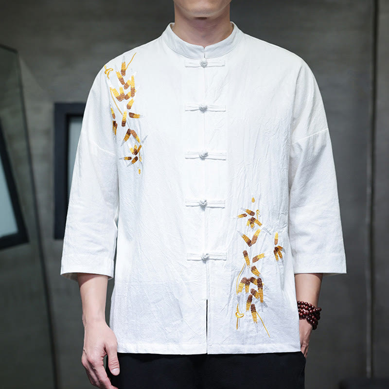 Buddha Stones Embroidery Men's  Chinese Frog-Button Three Quarter Sleeve Shirt Clothing - image 9