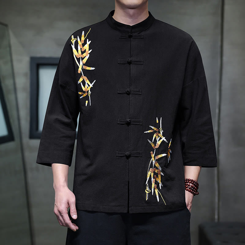 Buddha Stones Embroidery Men's  Chinese Frog-Button Three Quarter Sleeve Shirt Clothing - Black - US/UK/AU46，EU56 (5XL) - image 0