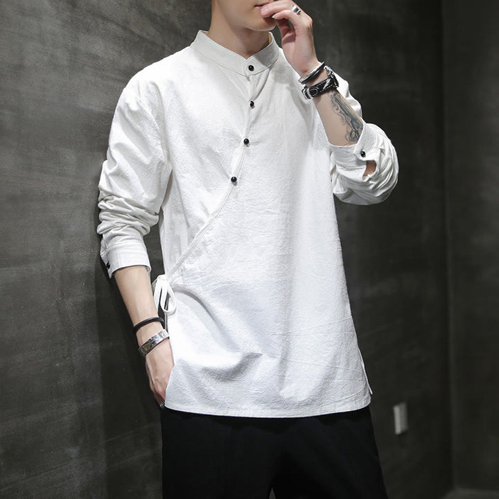 Buddha Stones Plain Lace-Up Simple Button Design Men's Long Sleeve Cotton Linen Shirt Clothing - White - US/UK/AU46，EU56 (5XL) - image 13