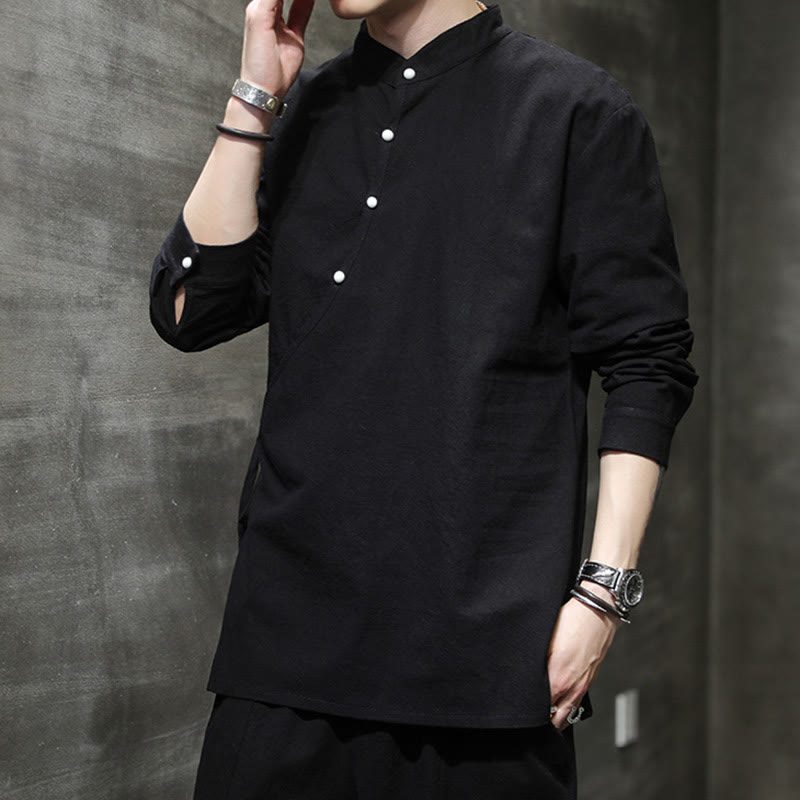 Buddha Stones Plain Lace-Up Simple Button Design Men's Long Sleeve Cotton Linen Shirt Clothing - image 1