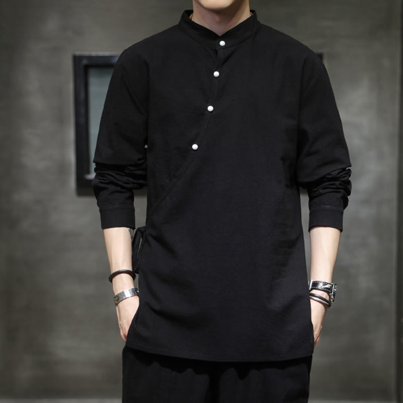 Buddha Stones Plain Lace-Up Simple Button Design Men's Long Sleeve Cotton Linen Shirt Clothing - Black - US/UK/AU46，EU56 (5XL) - image 0