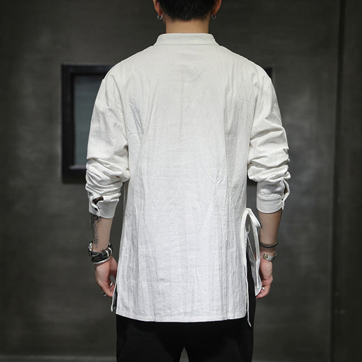 Buddha Stones Plain Lace-Up Simple Button Design Men's Long Sleeve Cotton Linen Shirt Clothing - image 15