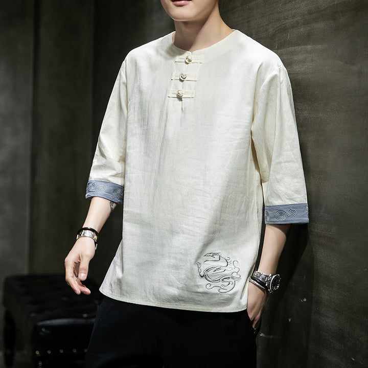 Buddha Stones Summer Embroidery Plain Frog-Button Men's Crew Neck Half Sleeve Cotton Linen Shirt Clothing - Beige - US/UK/AU46，EU56 (5XL) - image 9