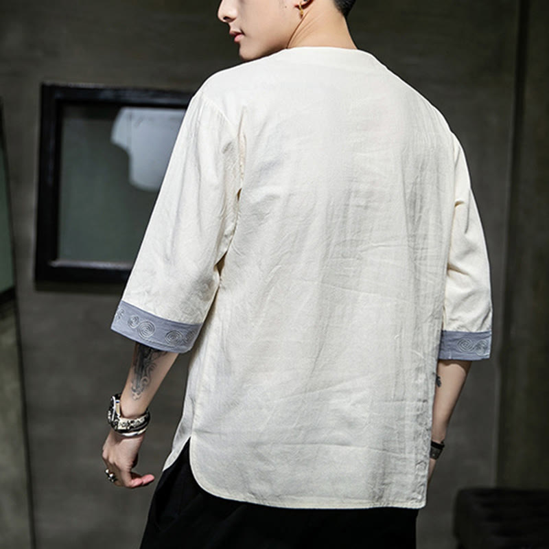 Buddha Stones Summer Embroidery Plain Frog-Button Men's Crew Neck Half Sleeve Cotton Linen Shirt Clothing - image 15