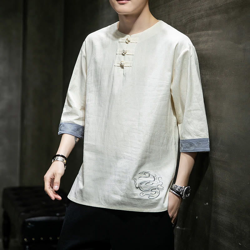 Buddha Stones Summer Embroidery Plain Frog-Button Men's Crew Neck Half Sleeve Cotton Linen Shirt Clothing - Beige - US/UK/AU46，EU56 (5XL) - image 9