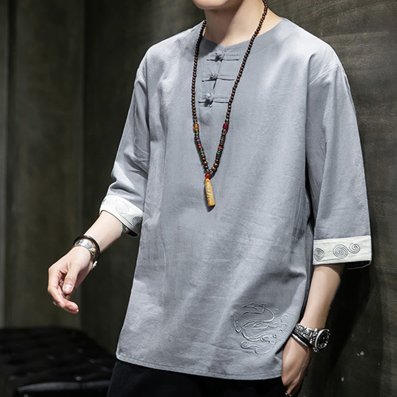 Buddha Stones Summer Embroidery Plain Frog-Button Men's Crew Neck Half Sleeve Cotton Linen Shirt Clothing - image 5