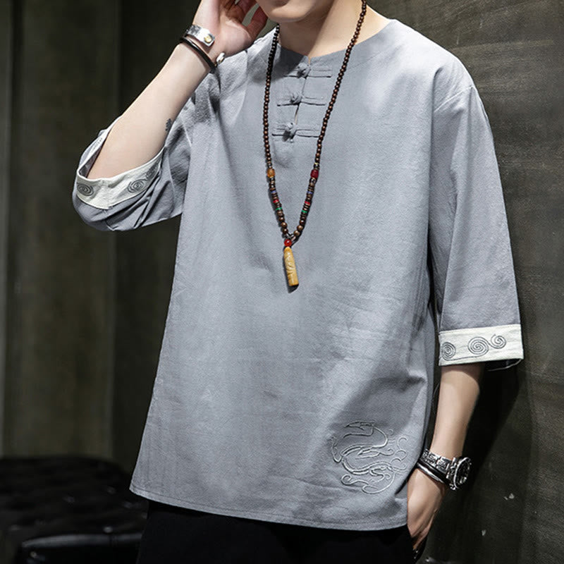 Buddha Stones Summer Embroidery Plain Frog-Button Men's Crew Neck Half Sleeve Cotton Linen Shirt Clothing - image 7