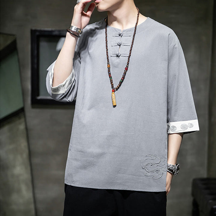 Buddha Stones Summer Embroidery Plain Frog-Button Men's Crew Neck Half Sleeve Cotton Linen Shirt Clothing - image 4