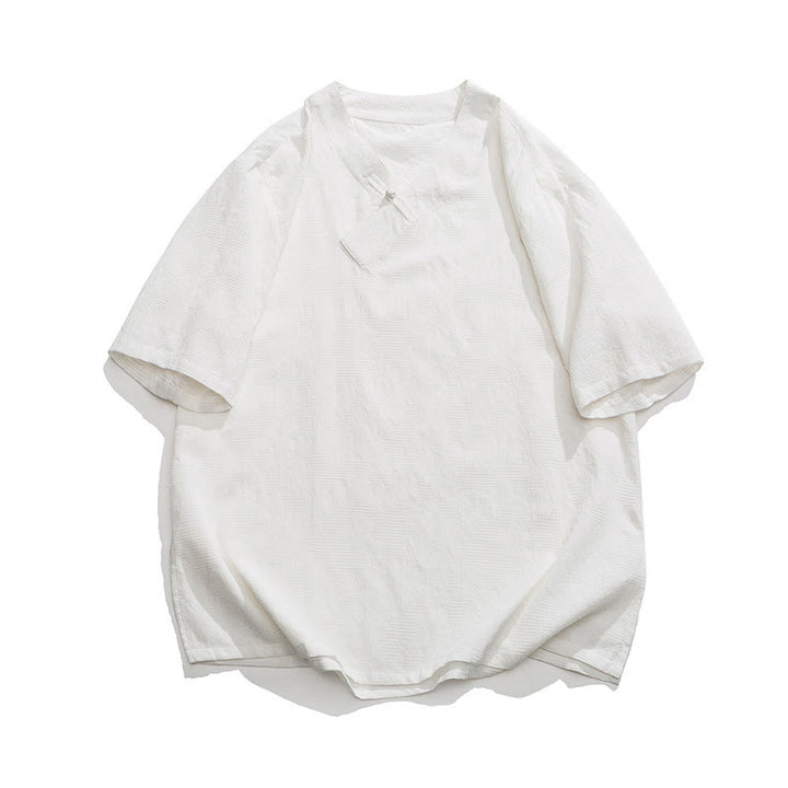 Buddha Stones Ethnic Distressed Jacquard Frog-Button Men's Stand Collar Half Sleeve Cotton Linen Shirt Tai Chi Clothes - White - US/UK/AU46，EU56 (5XL) - image 21