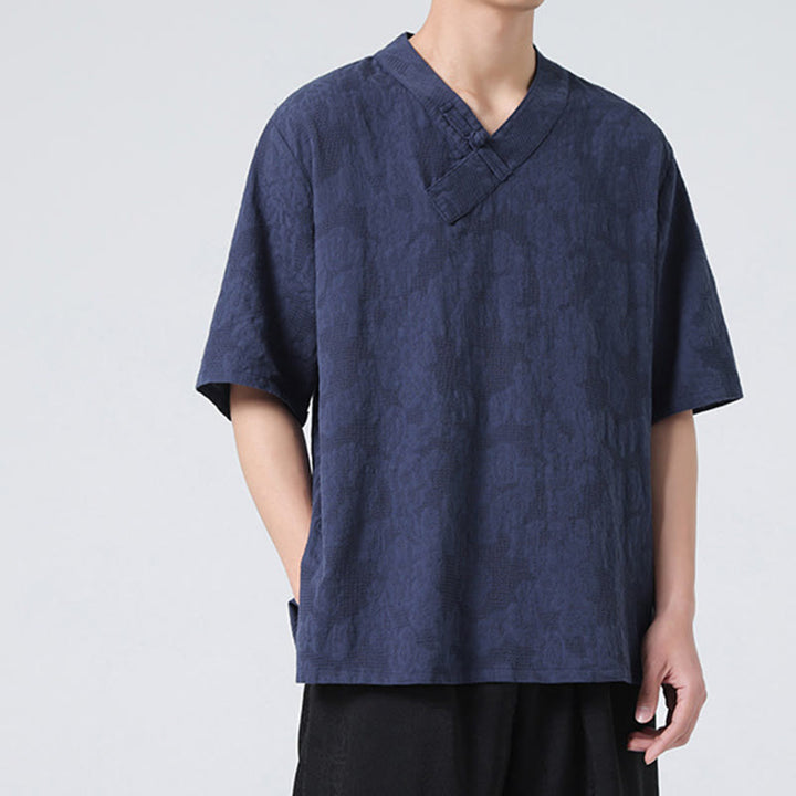 Buddha Stones Ethnic Distressed Jacquard Frog-Button Men's Stand Collar Half Sleeve Cotton Linen Shirt Tai Chi Clothes - image 7