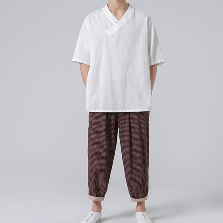 Buddha Stones Ethnic Distressed Jacquard Frog-Button Men's Stand Collar Half Sleeve Cotton Linen Shirt Tai Chi Clothes - image 22