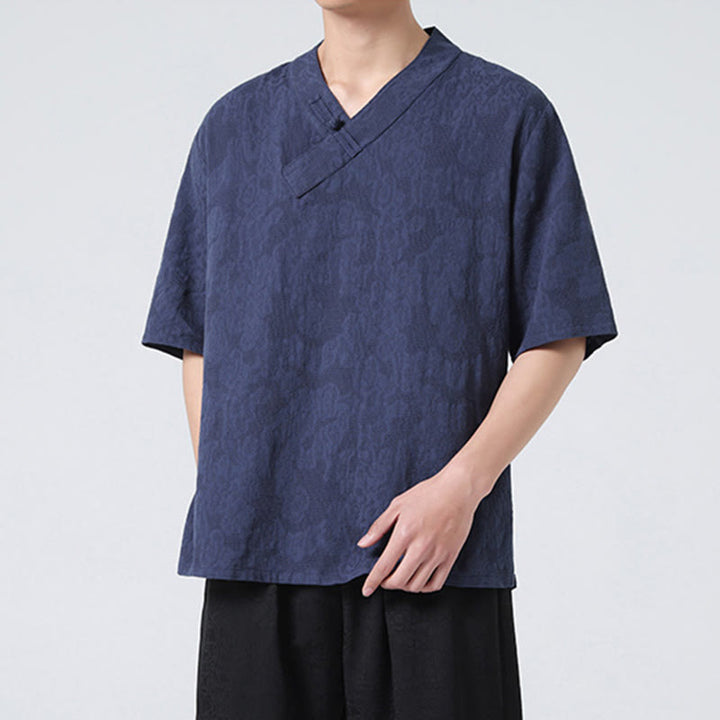 Buddha Stones Ethnic Distressed Jacquard Frog-Button Men's Stand Collar Half Sleeve Cotton Linen Shirt Tai Chi Clothes