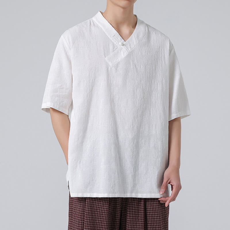 Buddha Stones Ethnic Distressed Jacquard Frog-Button Men's Stand Collar Half Sleeve Cotton Linen Shirt Tai Chi Clothes