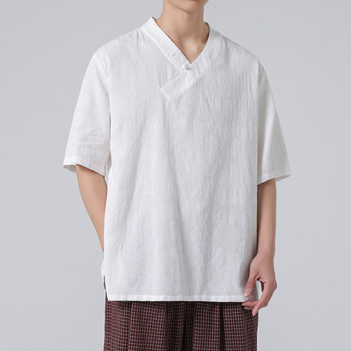 Buddha Stones Ethnic Distressed Jacquard Frog-Button Men's Stand Collar Half Sleeve Cotton Linen Shirt Tai Chi Clothes