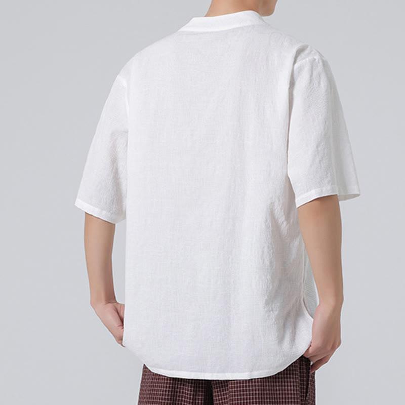 Buddha Stones Ethnic Distressed Jacquard Frog-Button Men's Stand Collar Half Sleeve Cotton Linen Shirt Tai Chi Clothes - image 30