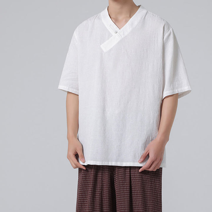 Buddha Stones Ethnic Distressed Jacquard Frog-Button Men's Stand Collar Half Sleeve Cotton Linen Shirt Tai Chi Clothes - image 27