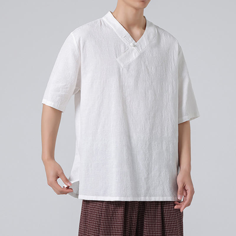 Buddha Stones Ethnic Distressed Jacquard Frog-Button Men's Stand Collar Half Sleeve Cotton Linen Shirt Tai Chi Clothes