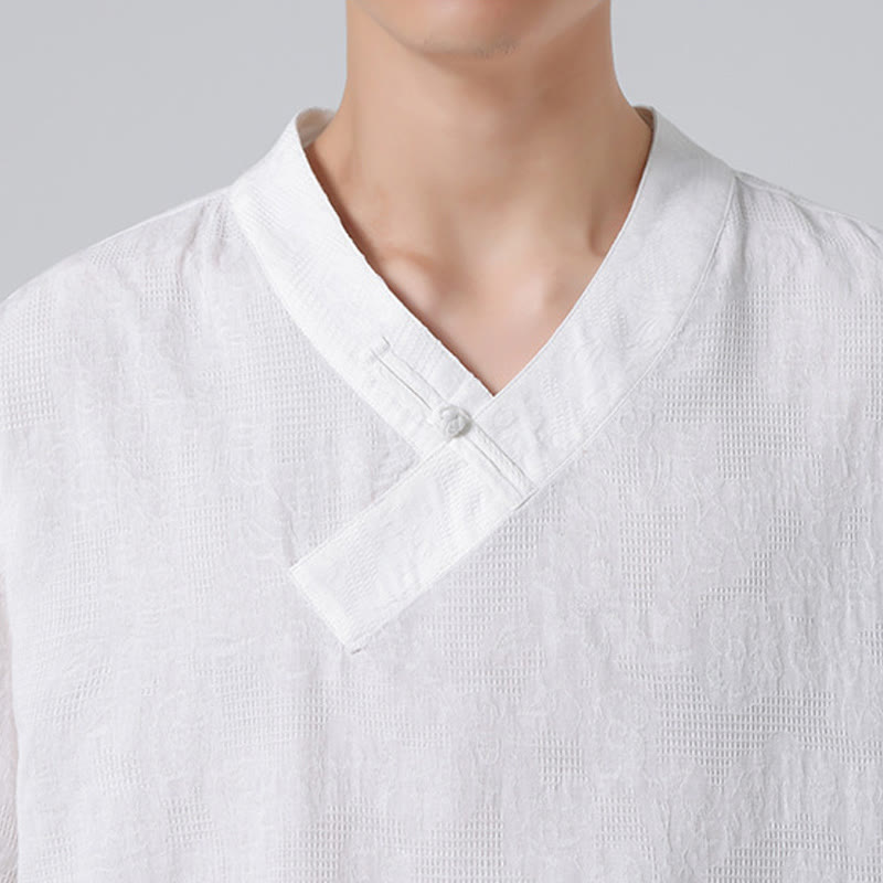 Buddha Stones Ethnic Distressed Jacquard Frog-Button Men's Stand Collar Half Sleeve Cotton Linen Shirt Tai Chi Clothes