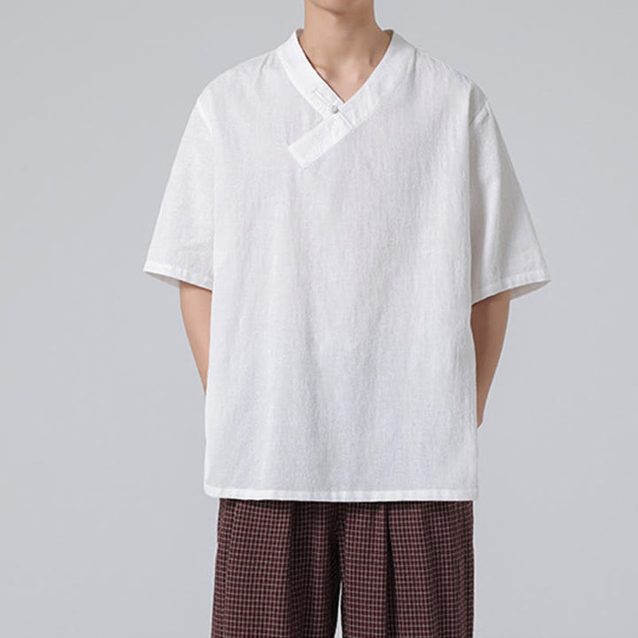 Buddha Stones Ethnic Distressed Jacquard Frog-Button Men's Stand Collar Half Sleeve Cotton Linen Shirt Tai Chi Clothes - image 25
