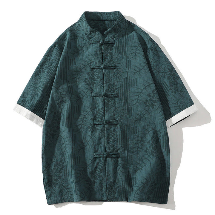 Buddha Stones Casual Summer Jacquard Floral Pattern Frog-Button Men's Stand Collar Contrasting Color Half Sleeve Cotton Cardigan Shirt
