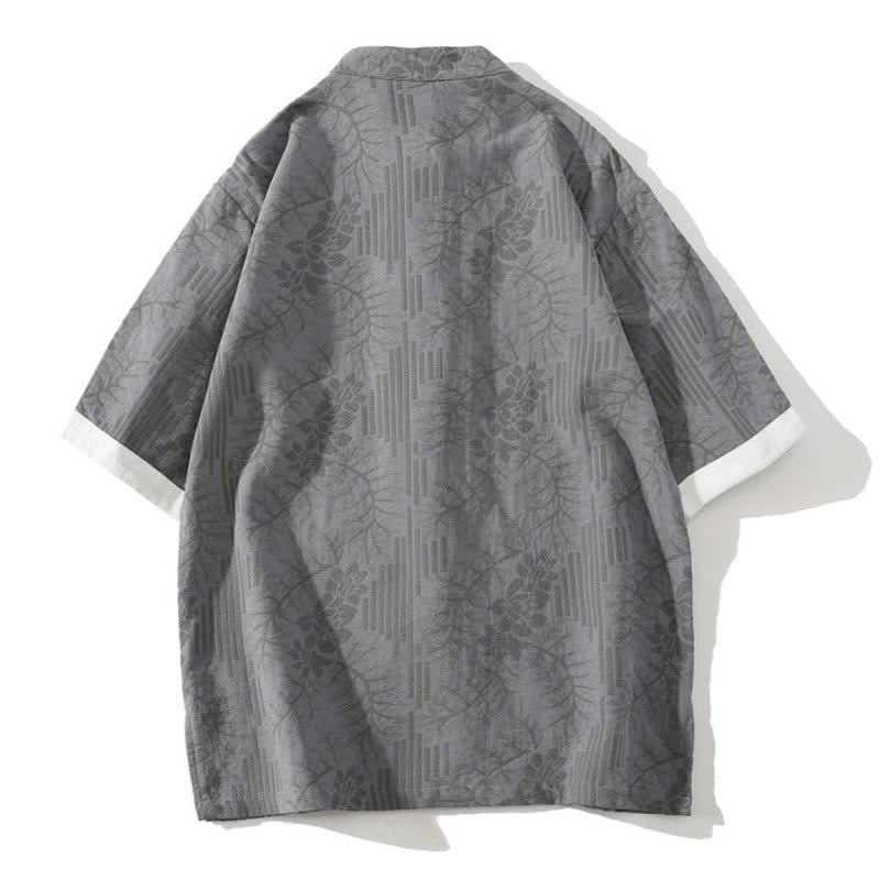 Buddha Stones Casual Summer Jacquard Floral Pattern Frog-Button Men's Stand Collar Contrasting Color Half Sleeve Cotton Shirt - image 6